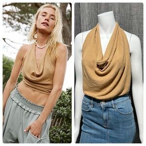 NWOT Free People Beach Iris Open-Back Halter Knit Top Camel Color LARGE